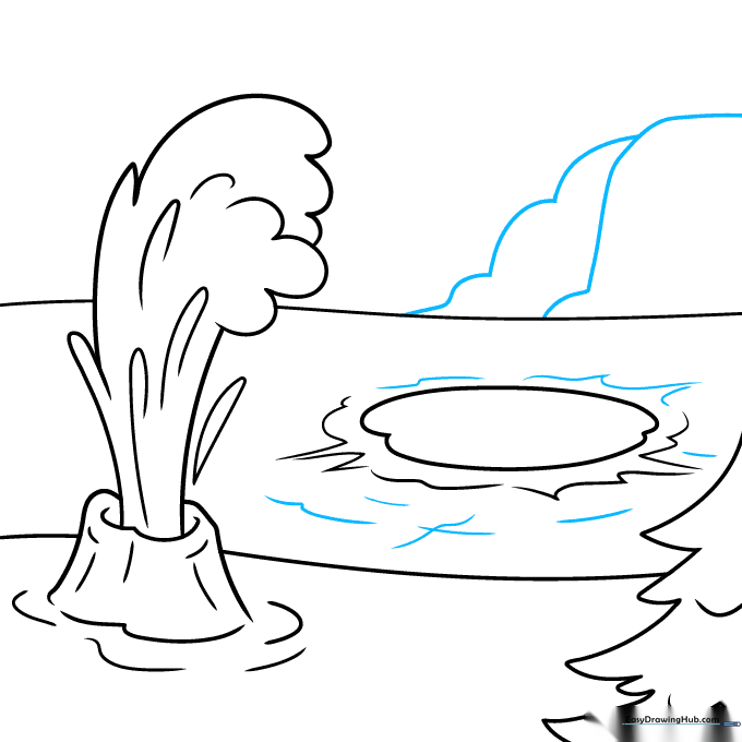 Adding depth to the pool and sketching a distant waterfall.