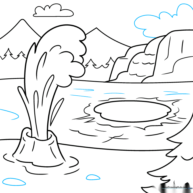 Finalizing the drawing with ground textures and small rocks.