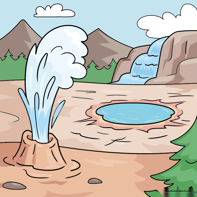 A fully colored Yellowstone landscape drawing.