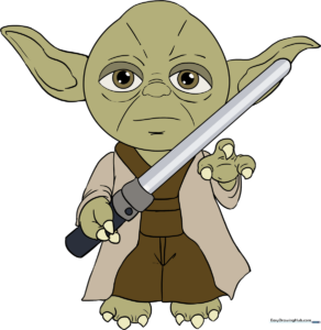 A vibrant, finished illustration of Yoda holding a glowing lightsaber, serving as the featured guide image.