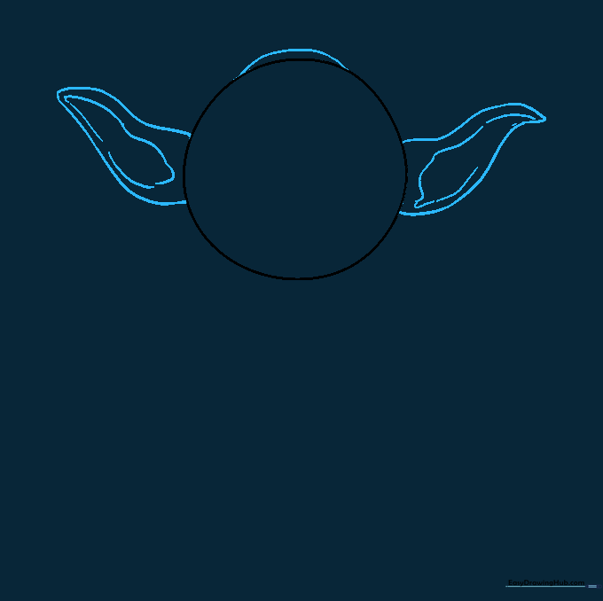 Pencil sketch showing the addition of two large, pointed ears and a curved crown line on the head circle.