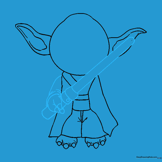 Yoda's arm and hand being drawn while holding a rectangular lightsaber hilt.