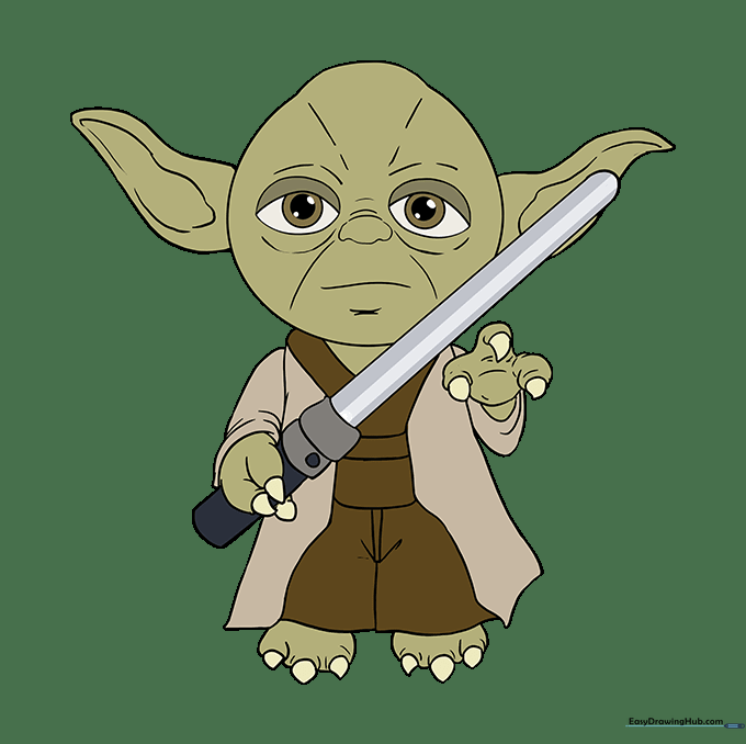 The completed Yoda drawing fully colored with green skin and brown robes.