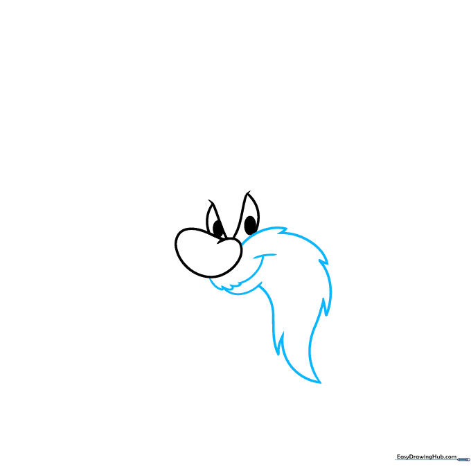 Pencil drawing showing the addition of Yosemite Sam's jagged mustache and mouth structure.