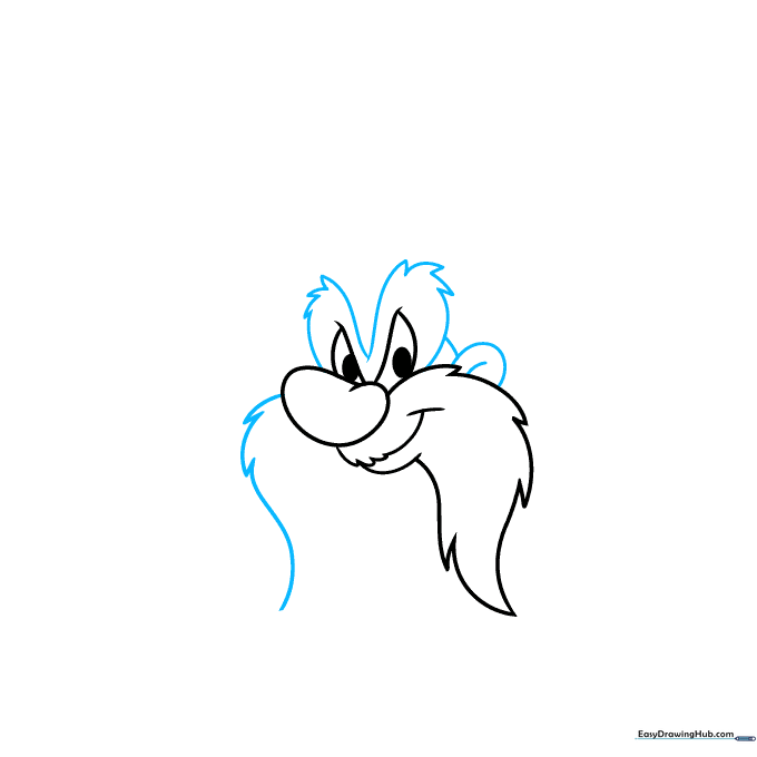 Drawing showing the addition of thick eyebrows and the side ear detail.