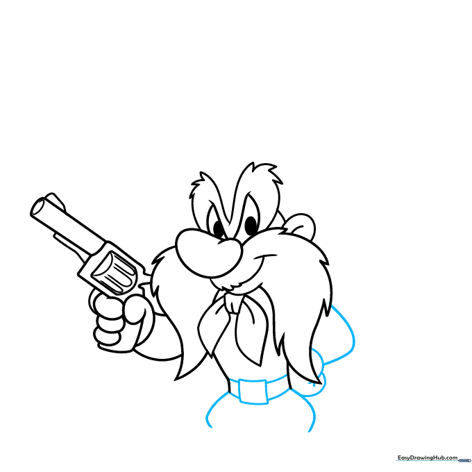 Drawing the belt buckle and the lower legs and boots of the character.