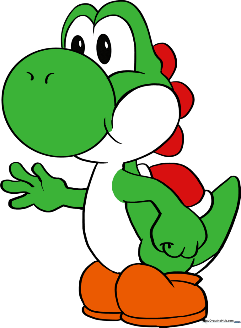 A vibrant, completed drawing of Yoshi, showcasing the final result of the tutorial.