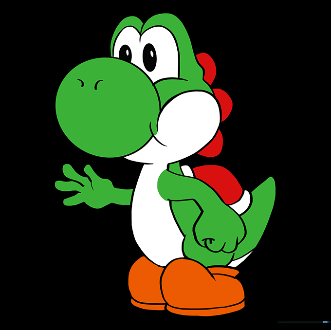 The finished Yoshi drawing colored in green, white, orange, and red.
