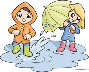 Vibrant illustration of two friends in rain gear jumping in a puddle, perfect for kids' art projects.
