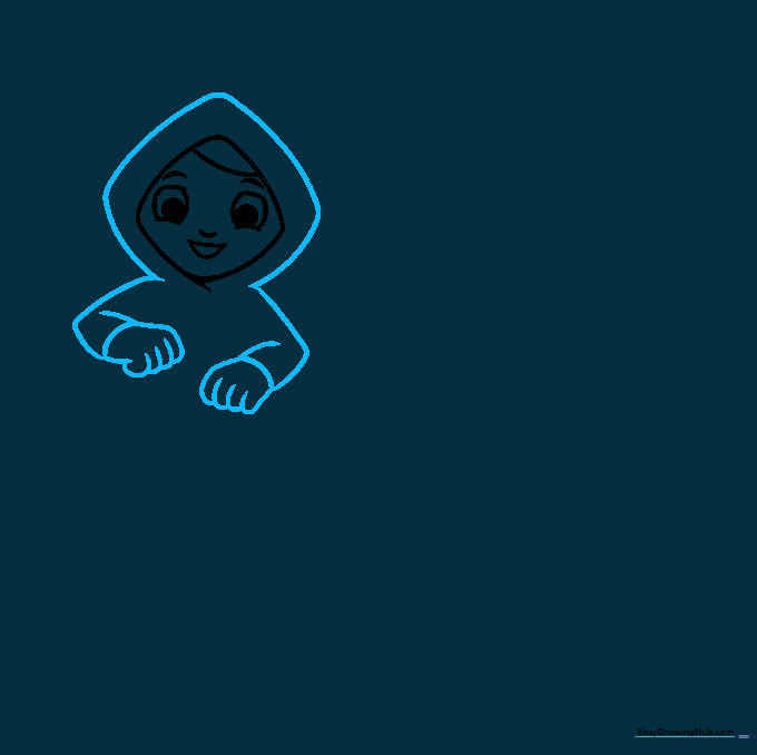 Drawing of a boy's upper body in a raincoat with hands visible.