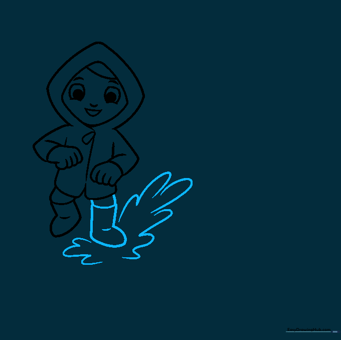 Drawing of boots stepping into a puddle with water splashing upwards.