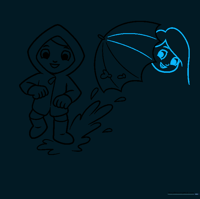 Drawing of a girl's face and an umbrella handle.