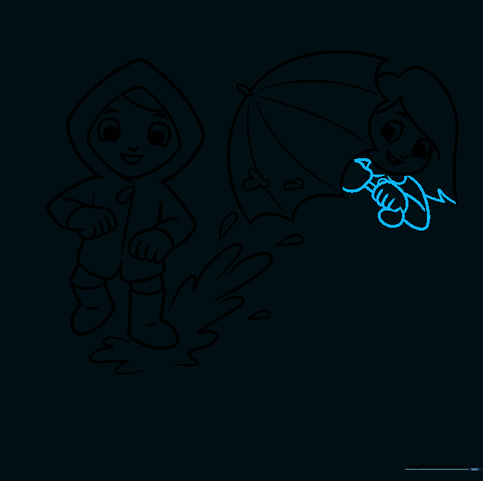 Drawing of the girl's upper body and umbrella handle.