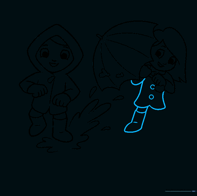 Drawing of the girl's full raincoat and boots.