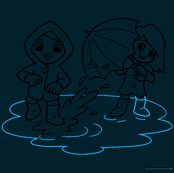 Complete line drawing of two children standing in a puddle with ripples.