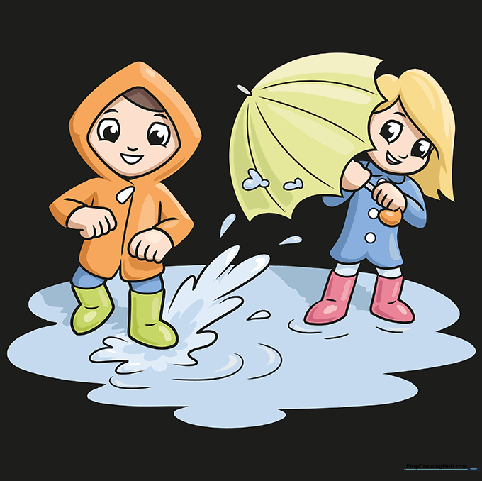 Finished, colored drawing of two children in yellow raincoats splashing in a puddle.