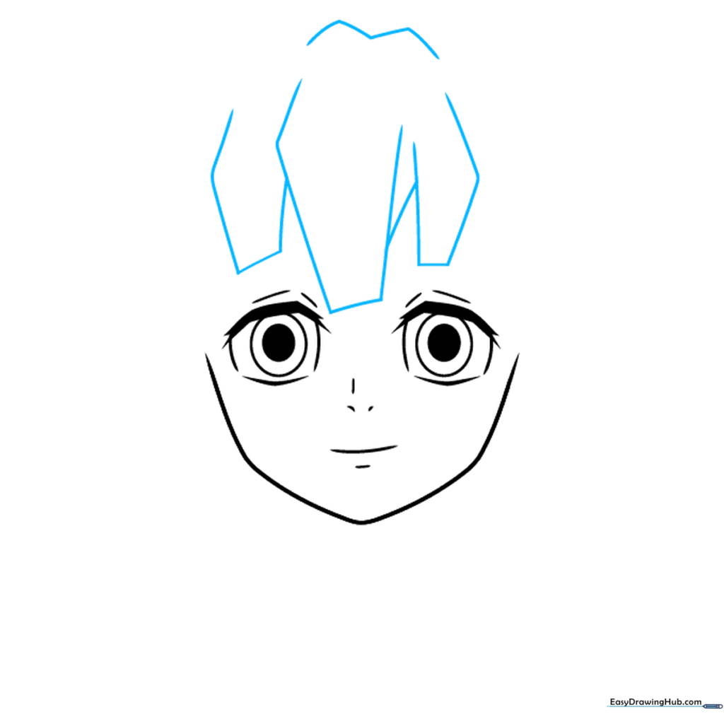 Initial sketch of Zenitsu's spiky, rectangular hair segments framing the face.
