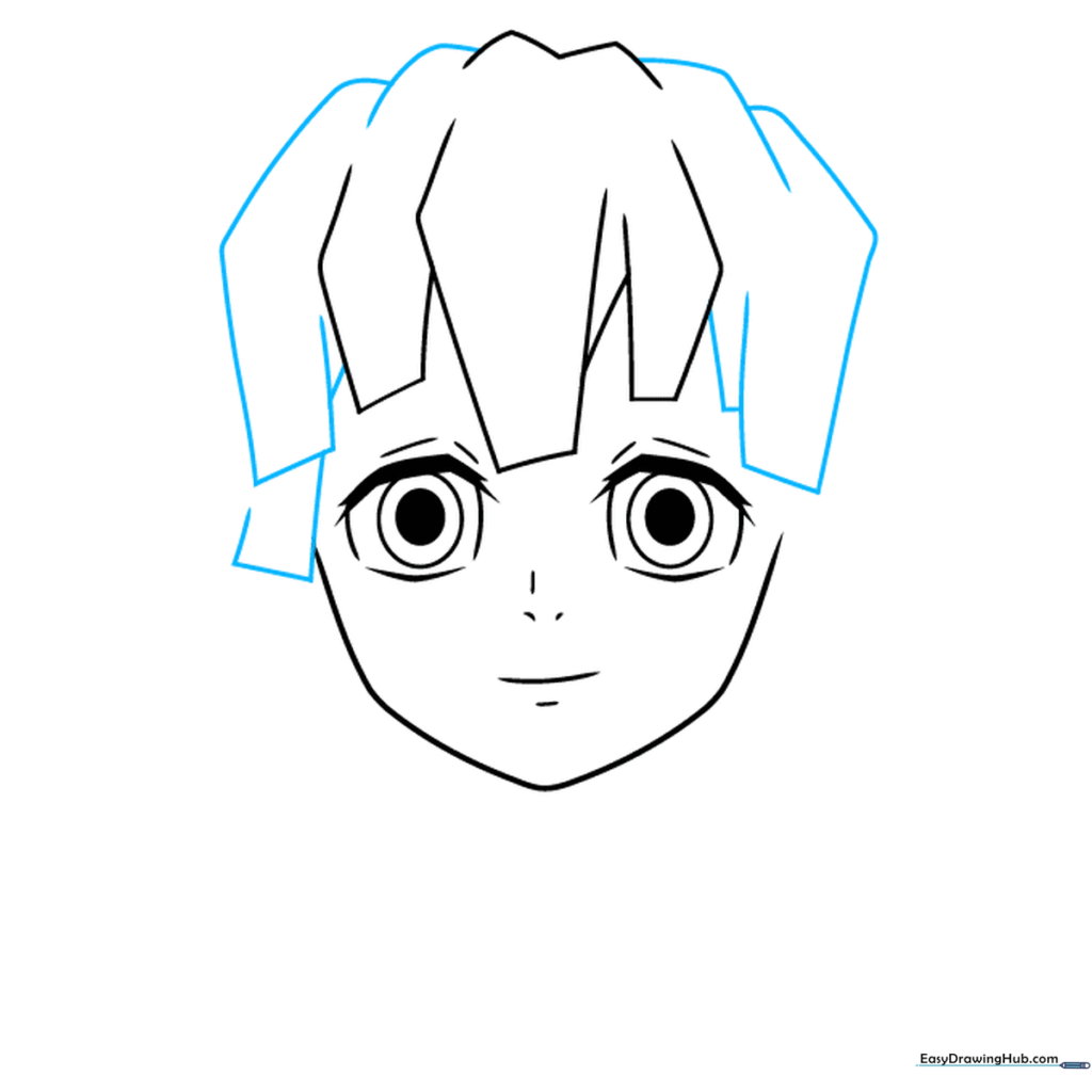 Adding volume to the hair by connecting rectangular segments with curved lines.