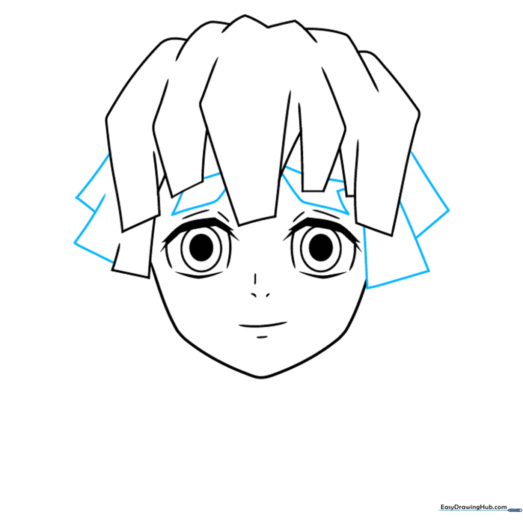 Detailed view of Zenitsu's eyebrows and side hair locks.