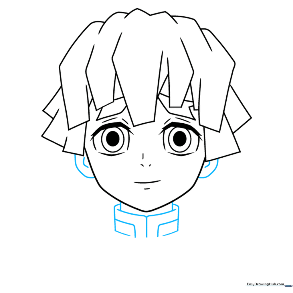 Drawing the ears, neck, and the structured collar of the Demon Slayer uniform.