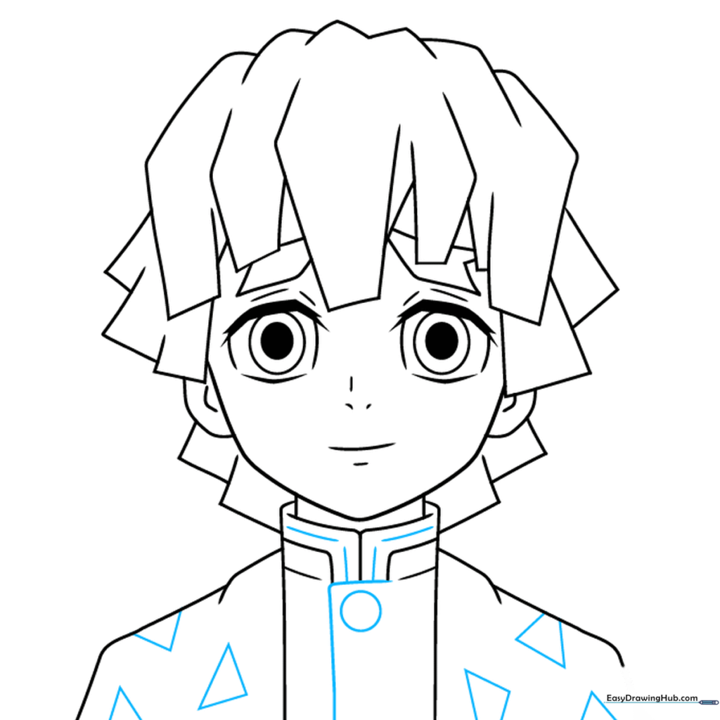 Adding the button and the iconic triangle pattern to Zenitsu's kimono.