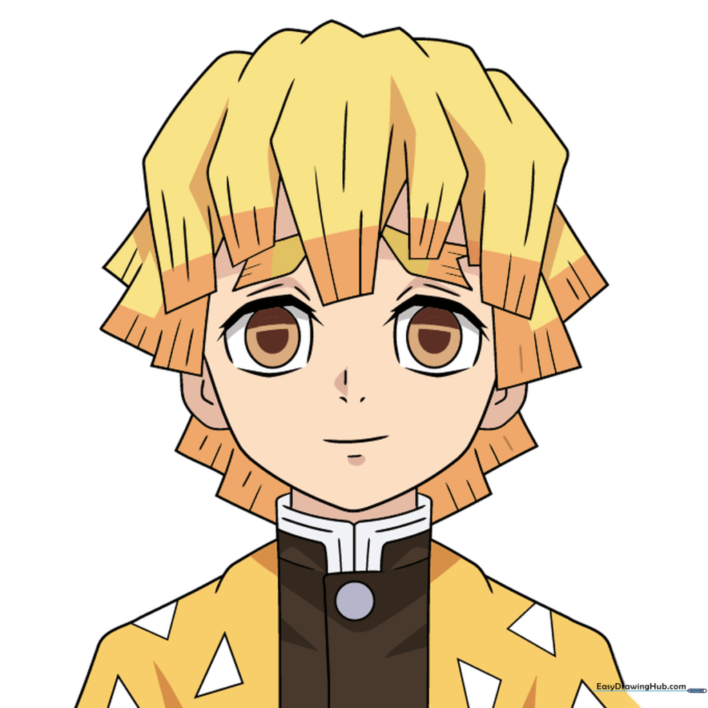 Finished, colored illustration of Zenitsu Agatsuma with yellow hair and his signature patterned kimono.