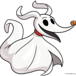A completed, colorful illustration of Zero from The Nightmare Before Christmas, showcasing his pumpkin nose and ghostly form.