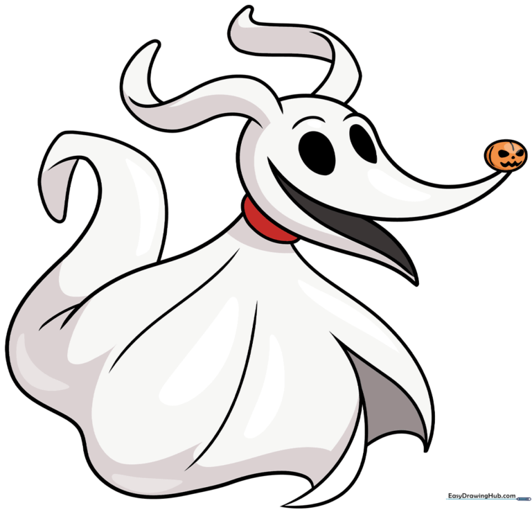 A completed, colorful illustration of Zero from The Nightmare Before Christmas, showcasing his pumpkin nose and ghostly form.