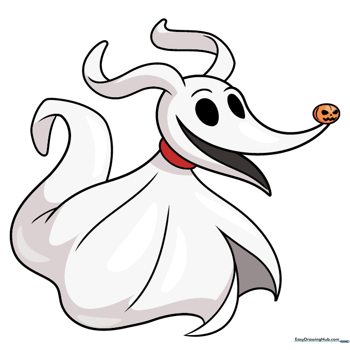 The finished, colored drawing of Zero with grey shading and a bright orange nose.