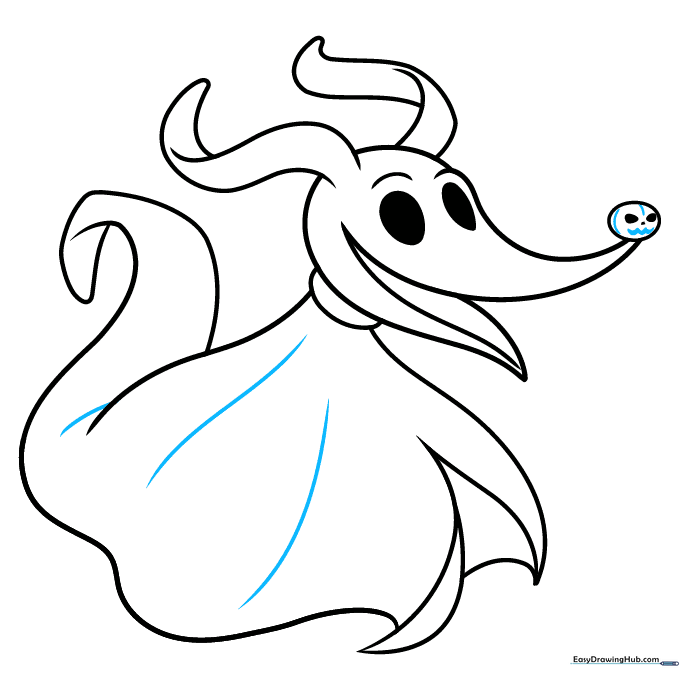 Finalizing the drawing with dark ink outlines and filled-in eyes.