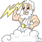 Colorful illustration of Zeus holding a lightning bolt on a cloud.