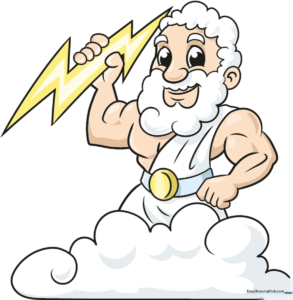 Colorful illustration of Zeus holding a lightning bolt on a cloud.
