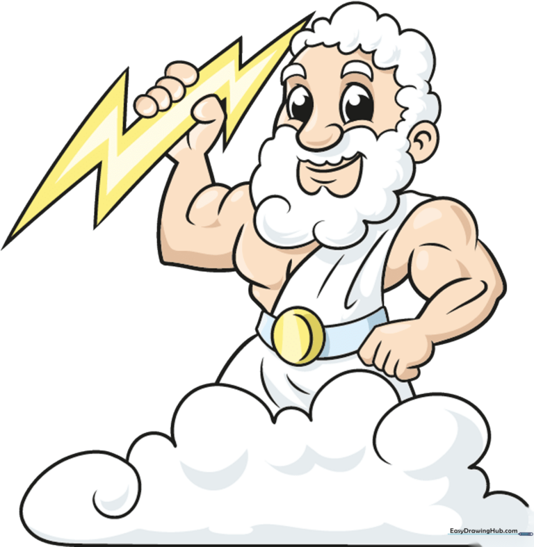 Colorful illustration of Zeus holding a lightning bolt on a cloud.