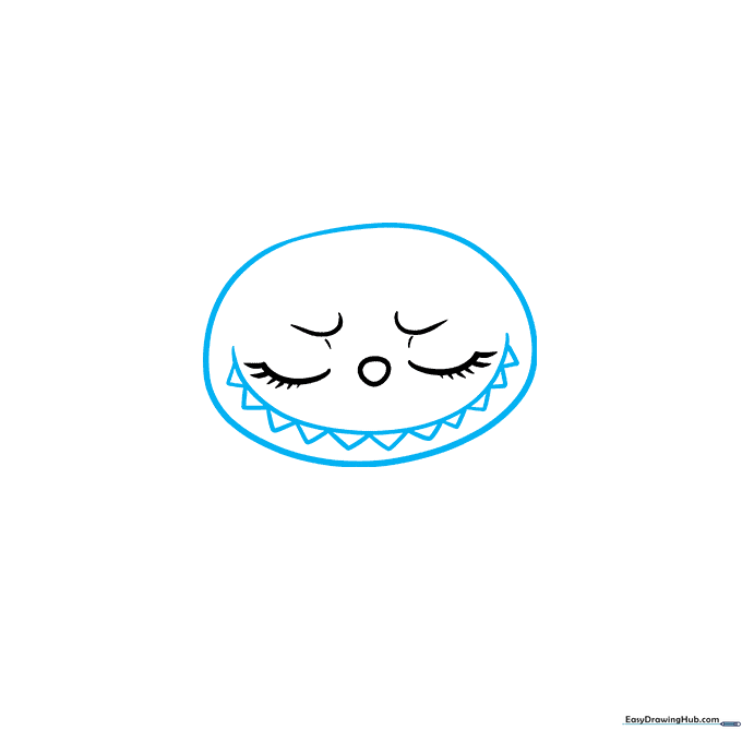 Drawing the oval head shape and mouth with triangular teeth for Zizi