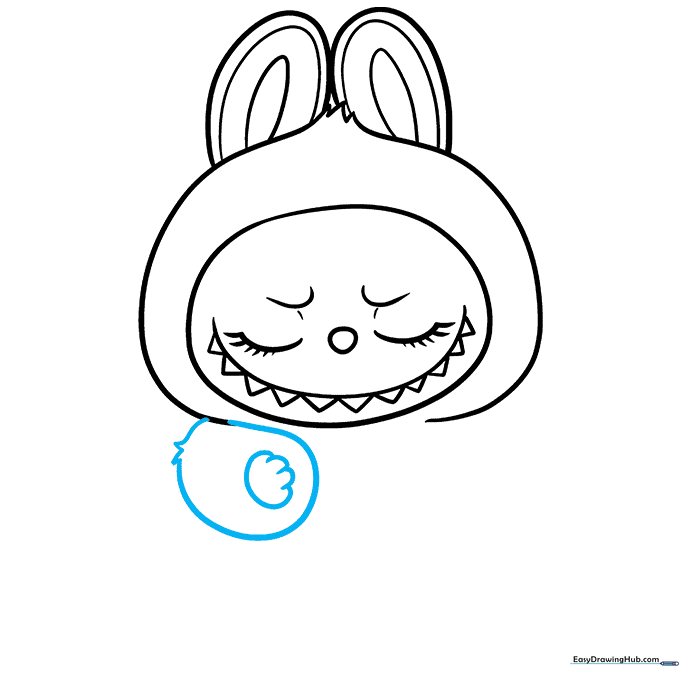 Drawing the first arm with furry shoulder detail and rounded hand