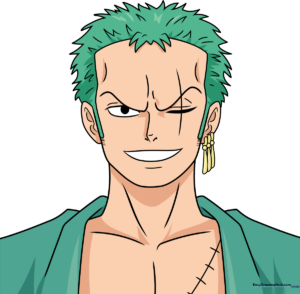 Finished colored portrait of Roronoa Zoro from One Piece, showcasing his iconic green hair and serious expression.