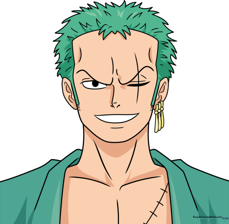 Finished colored portrait of Roronoa Zoro from One Piece, showcasing his iconic green hair and serious expression.