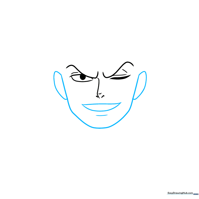 Sketch of Zoro's head shape, including ears, jawline, and the mouth expression.