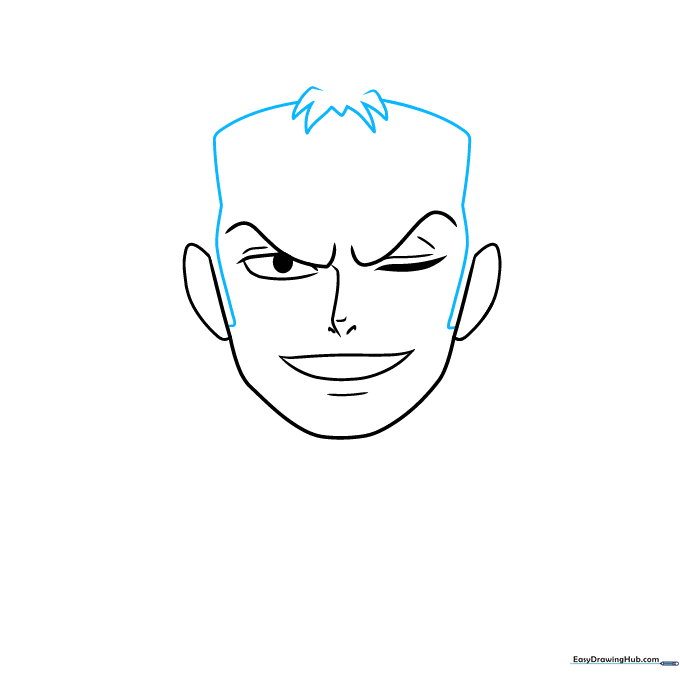 Drawing the initial jagged hair spikes on Zoro's forehead.