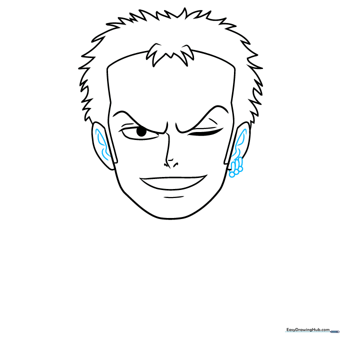 Close-up detail of Zoro's ear with his three distinctive gold earrings.