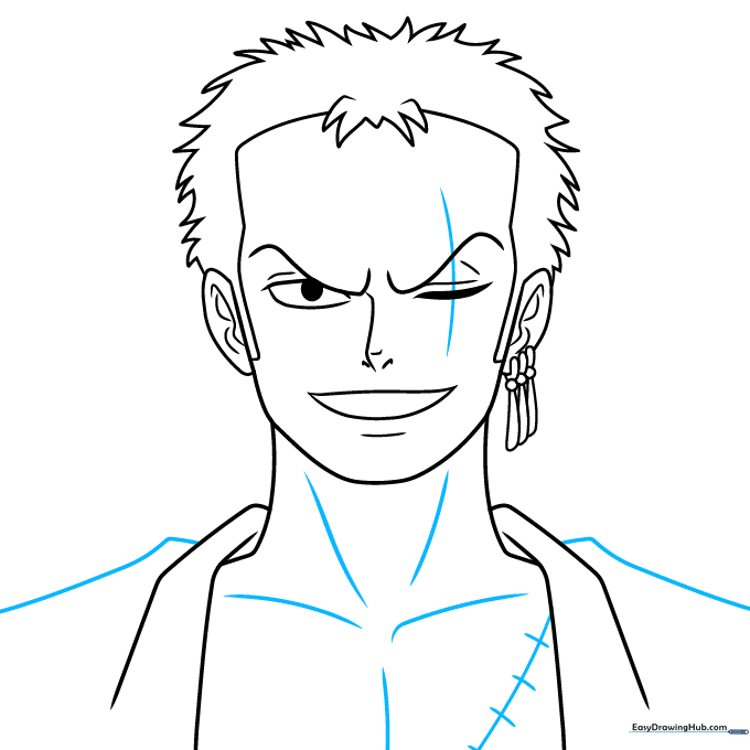 Detailed view of Zoro's chest scar and muscle definition lines.