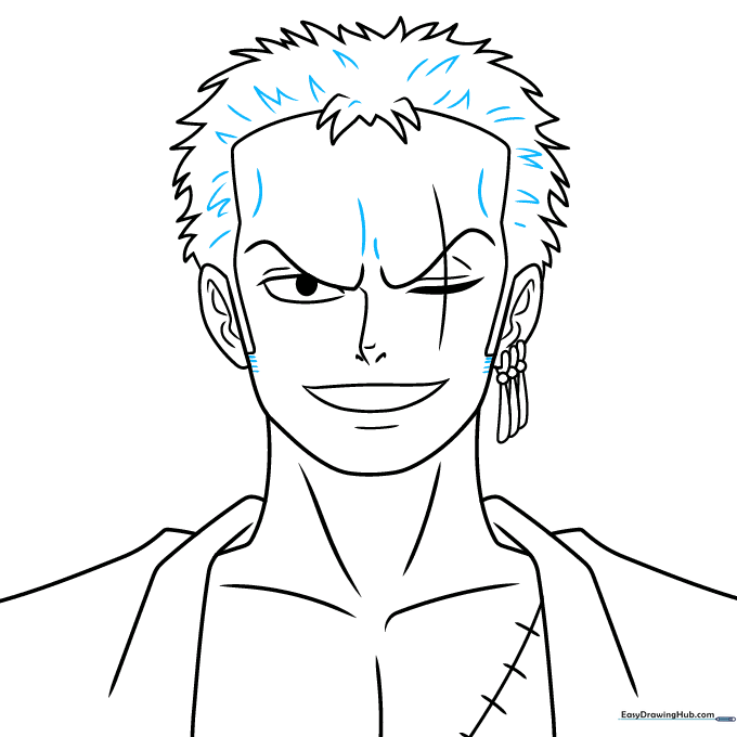 Refining the hair texture with small, sharp lines for a finished look.
