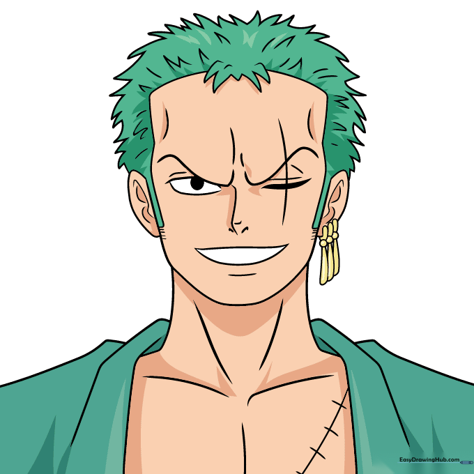 The final colored illustration of Zoro with his signature turquoise hair and gold earrings.