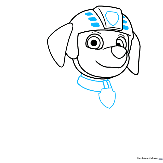 Pencil sketch detailing the collar, neck, and shield emblem on Zuma's helmet.