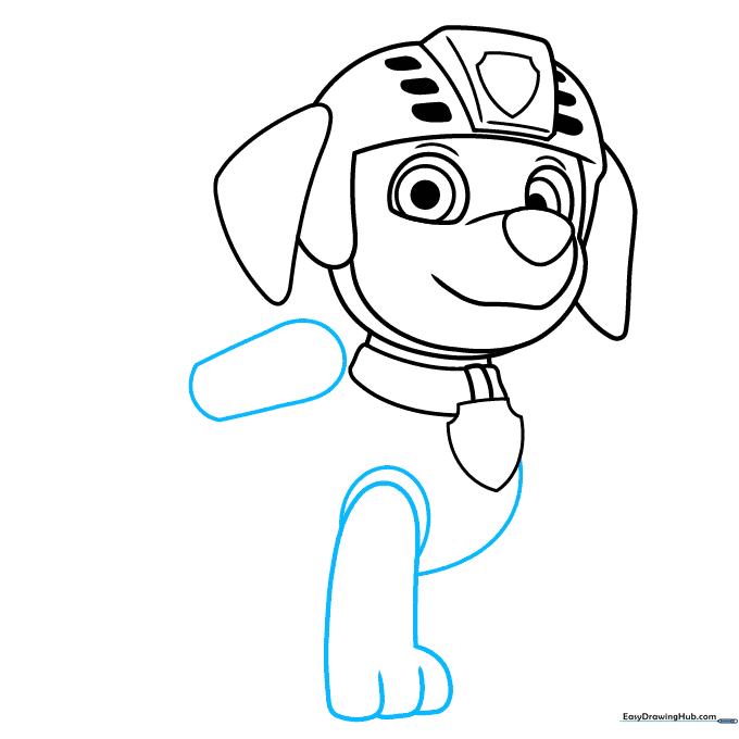 Drawing showing the addition of the pup pack and front leg to the character.