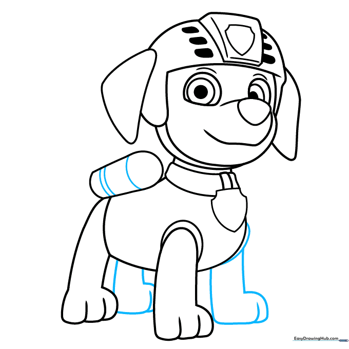 Step-by-step drawing showing the completion of all four paws and pup pack details.