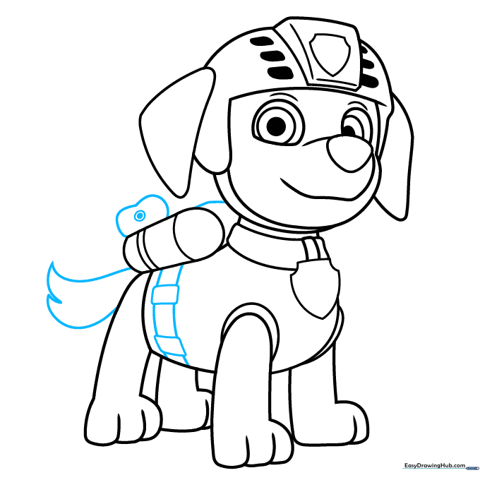 Pencil drawing adding the utility belt and tail to the Zuma character.