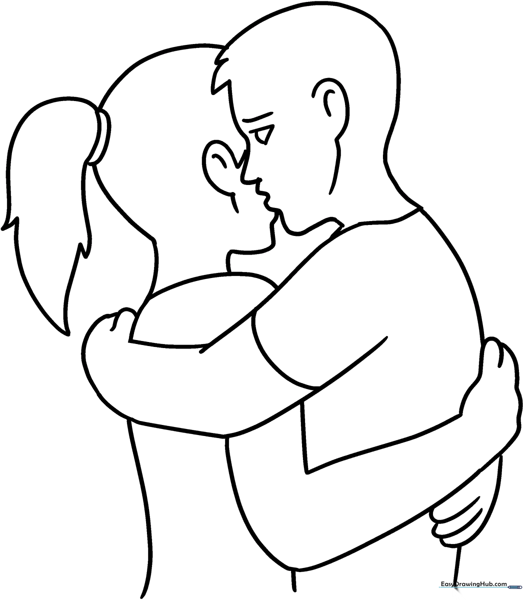 Line art illustration of two characters sharing a warm hug, featuring clean outlines perfect for children to color.