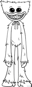 Black and white line art of Huggy Wuggy with long limbs and a wide smile, ready for coloring on a standard 8.5x11 sheet.