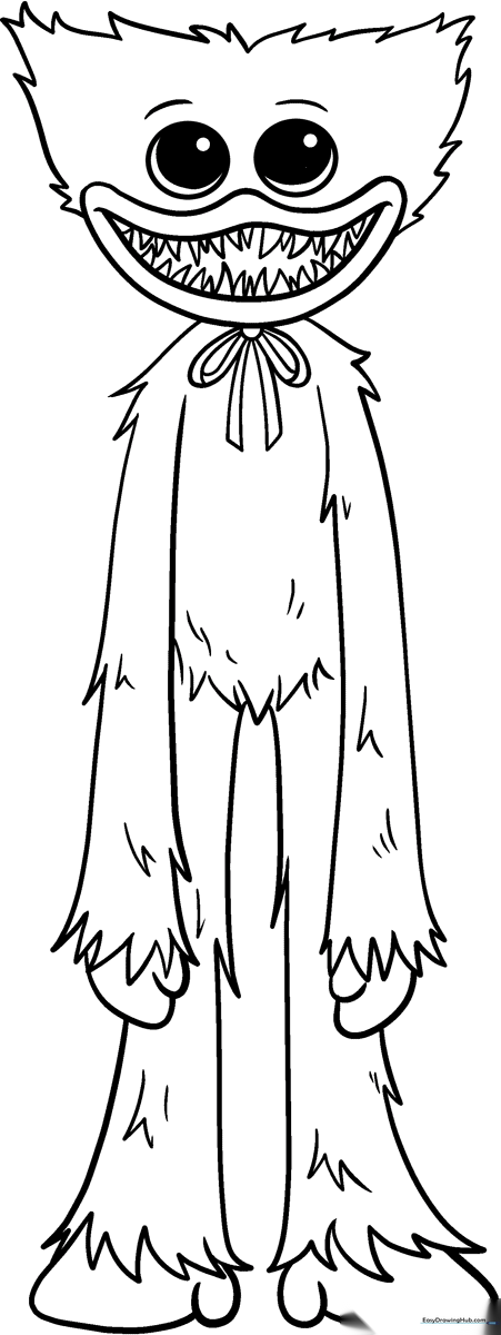Black and white line art of Huggy Wuggy with long limbs and a wide smile, ready for coloring on a standard 8.5x11 sheet.